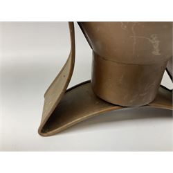 Agricultural copper corn funnel, H32.5cm, another similar copper funnel and copper warming platter of oval form, with twin handles on four supports, with removeable warming plate, L49cm