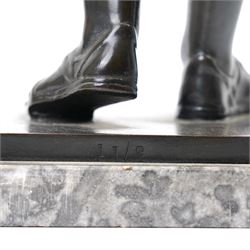 After the Antique - Grand Tour patinated bronze figure of a Vestal Virgin, the maiden standing in contrapposto, draped in classical robes and pinning her chiton at the shoulder and chest, on a square marble base stamped to rear, circa 1900, W15cm H47cm