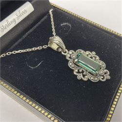 Silver marcasite and green stone pendant necklace, stamped 925, boxed 