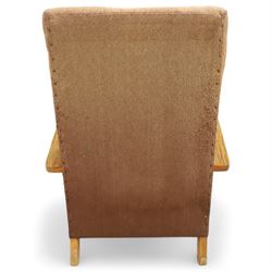  1930s Art Deco bentwood armchair, with sprung seat and arched laminated arms, upholstered in original pink-brown wool fabric, raised on square supports