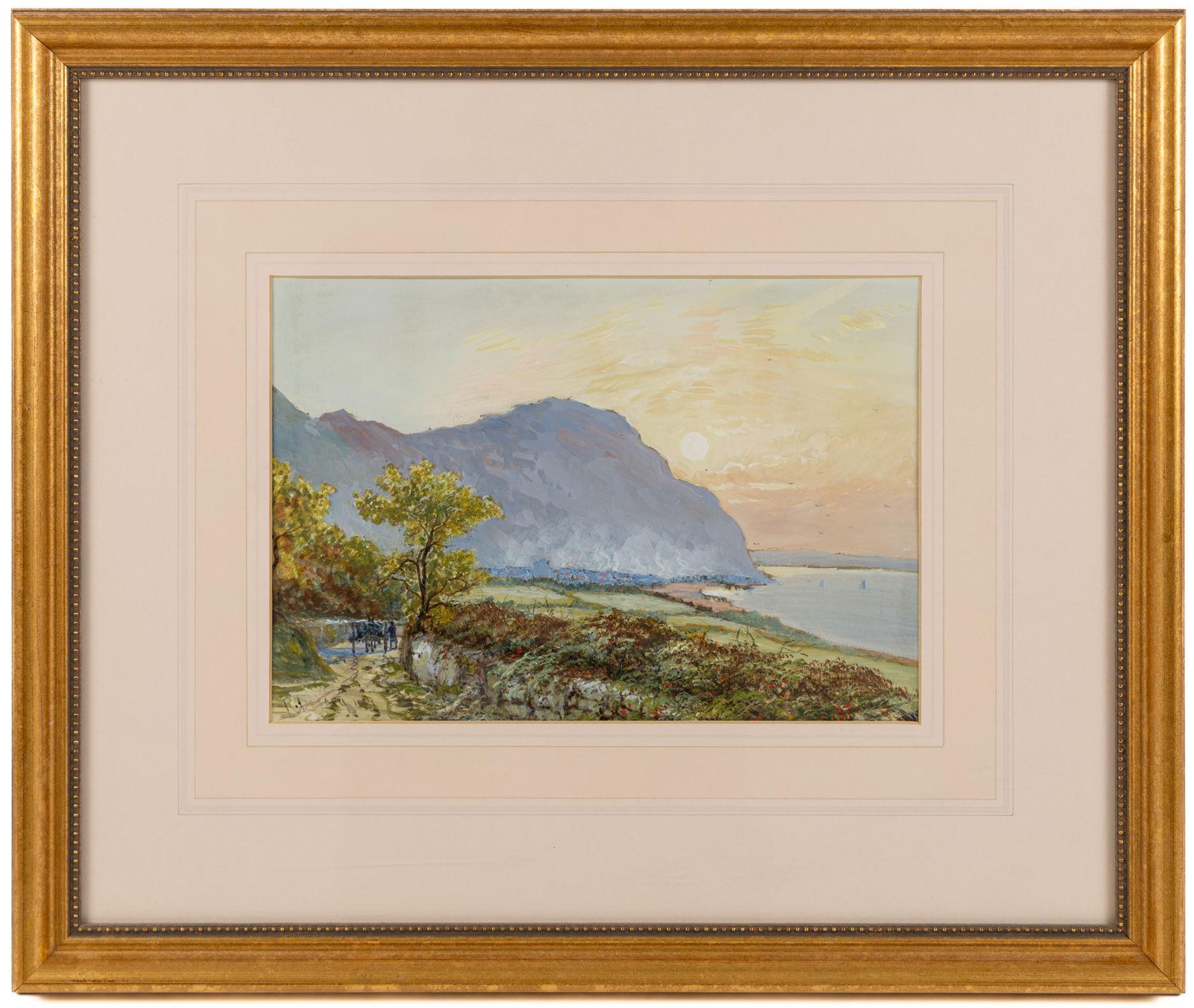 Attrib. Charles John de Lacy (British 1856-1929): Coastline at Sunrise, gouache signed R De Lacy and dated 1889, 18cm x 26cm
Notes: The reverse of this painting has been inscribed 'C J De Lacy - Painted over the original sketch of Dad. October 1889.'