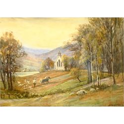 Sam Garratt (British 1864-1946): Ploughing Beside a Church, watercolour signed 26cm x 36cm