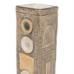 Avril Bennet for Troika Pottery, rectangular form vase with incised geometric decoration, signed to base, H23cm 