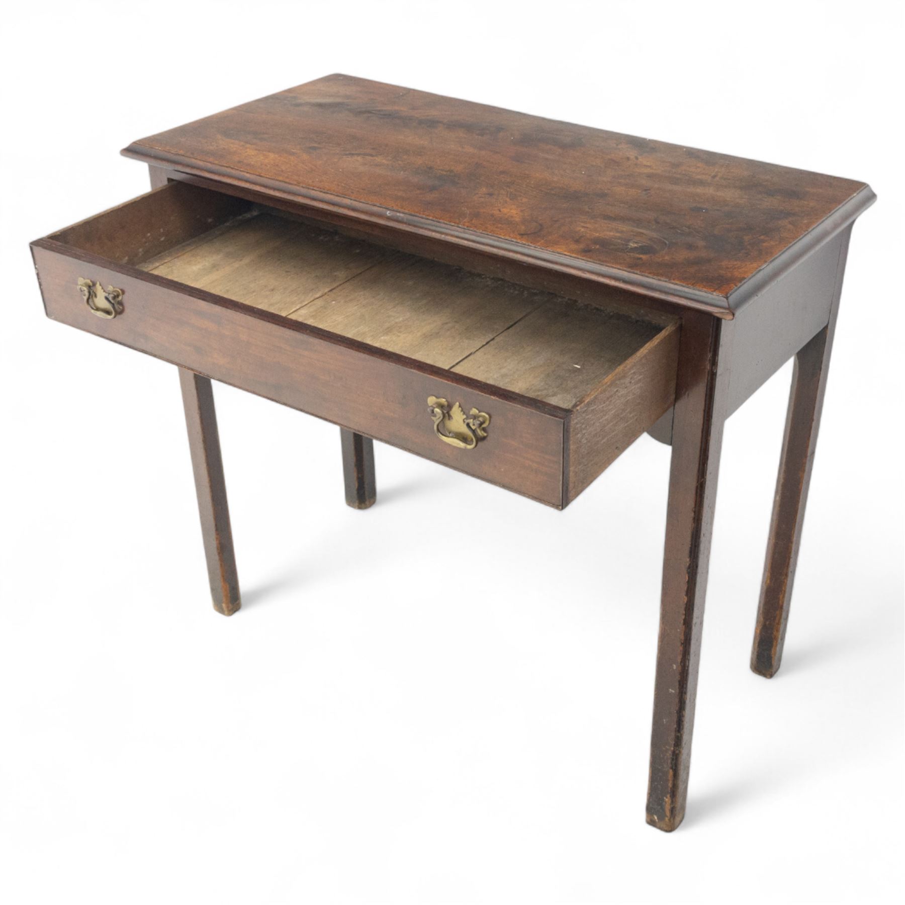 George III mahogany side table, the rectangular moulded top above a single frieze drawer fitted with brass swan neck handles, above a shaped serpentine apron raised upon square section legs, W86 D42 H75cm, together with a George III fretwork mirror, the rectangular plate within a gilt slip surmounted by a pierced crest with inset carved Ho-Ho bird, with shaped apron with gilt shell motif, H84cm W45cm