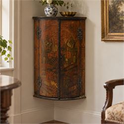 George III period lacquered chinoiserie cylindrical corner cabinet, decorated with traditi...