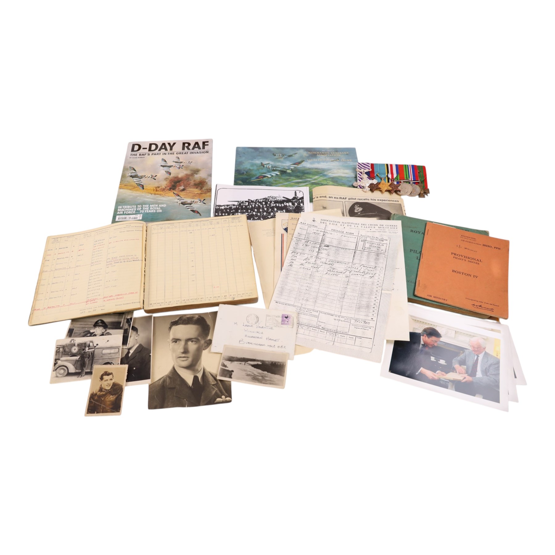 Royal Air Force WWII Distinguished Flying Cross (DFC) medal group with associated documentation, logbooks, ephemera, and personal papers awarded to RAF Flying Officer Leslie Valentine DFC CdeG, pilot of Doulgas Boston E Easy on D Day 1944. The medal group comprises DFC, 1939-1946 Star, The Air Crew Europe Star, France and Germany Star, War Medal, Defence Medal, and Croix de Guerre with siilver star to the ribbon, upon a medal bar. Together with a cased Defence medal, awarded to Valentine by David Cameron at Downing Street November 2012, for his services in the Highland Light Infantry prior to joining the RAF. Together with two logbooks, one including the entry for June 6th ‘Ops “D” Day smoke laying to cover invading troops off Le Havre’, Booklet of provisional pilots notes for Boston IV, associated paperwork for Croix De Guerre, photographs of Flying Officer Leslie Valentine and print by Michael Turner (1934-), Friendly Smoke D-Day 6th June 1944 print, this print is of the R.A.F Douglas Boston that Leslie Valentine was flying on D Day. The print is signed by Leslie Valentine and Flight Lt. John Mackenzie, together with a personal note from the artist.  

In 1939 Leslie Valentine was called up for military service, he joined the Highland Light infantry and spent ten months in France. Upon returning to England, he volunteered to join the RAF. In 1941 he was sent to Medicine Hat in Alberta, Canada, for his training, returning to Britain, for operations training at RAF Bicester, then RAF Finmere, learning to fly Blenheim and Boston bombers. Valentine was posted to squadron no.88 2nd Tactical Air Force, Bomber Command. This squadrons operation were mainly conducted in daylight, in close formation. On D Day 6th June Valentine flew his Boston ‘E-Easy down to 50 feet above the D-Day beaches laying smoke to protect the invasion forces from enemy fire. In total RAF Flying Officer Leslie Valentine DFC CdeG flew sixty back-to-back missions during WWII
