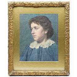 English School (Late 19th century): Portrait of a Boy Wearing a Tunic and Lace Collar, watercolour unsined, stamped ESK 40cm  x 33cm
