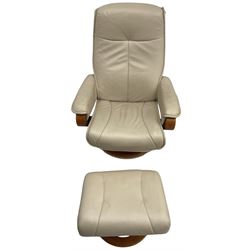 Himolla - swivel reclining armchair upholstered in cream leather, with stool