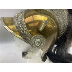 French Model 1913 mounted gendarmerie helmet; brass bodied with nickel mounts, chin strap, comb and horse-hair H27cm (no liner)