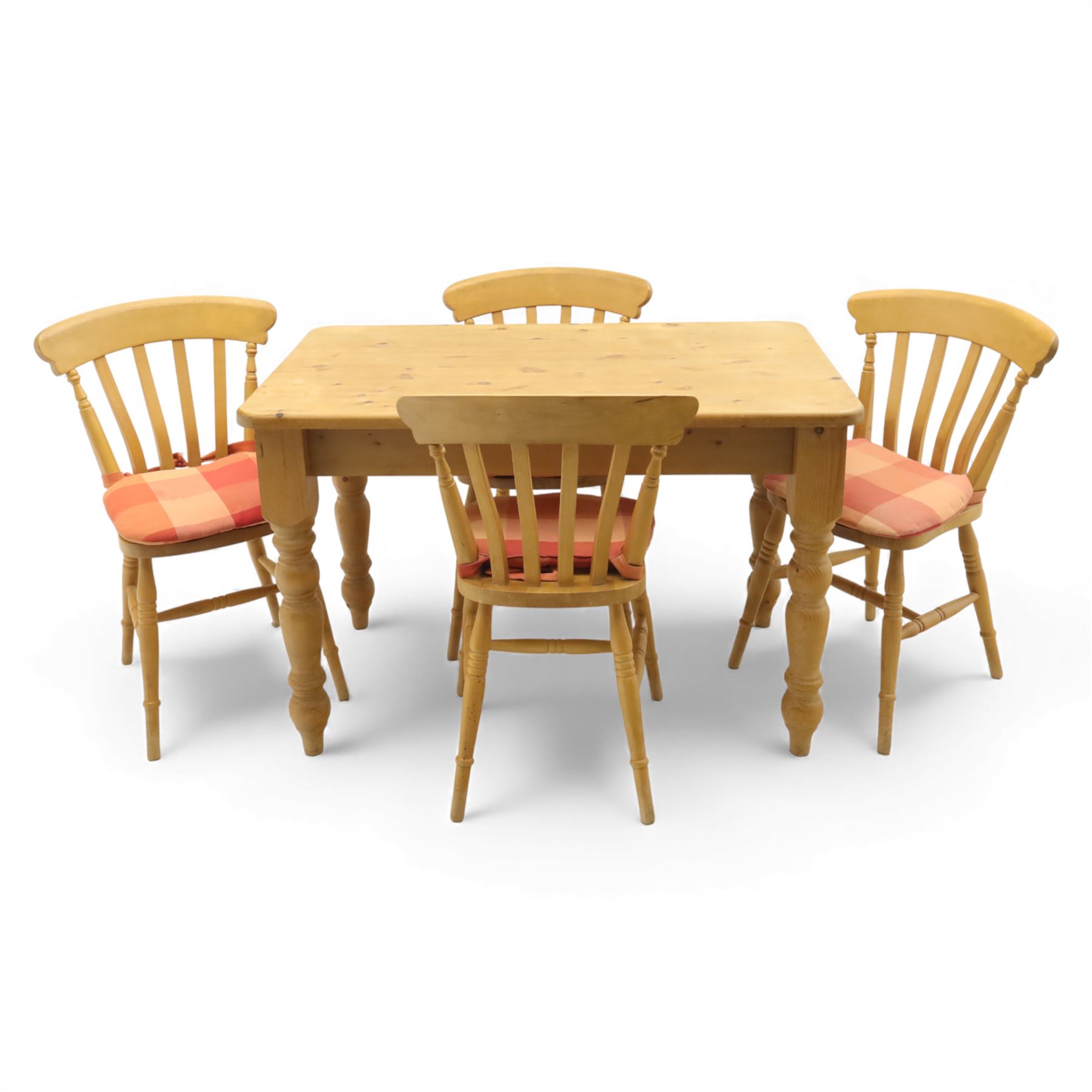 Late 20th century pine farmhouse dining table, rectangular top raised on turned legs, together with a set of matching spindle-back chairs with padded seats