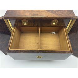 Victorian burr walnut collectors cabinet, with twin recessed brass handles, the doors opening to reveal two full-width drawers and two smaller drawers each with recessed circular brass handles, with Bramah lock and original key, H30cm