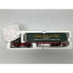 Corgi Eddie Stobart - three limited edition lorries; CC12901 Scania Topline Curtainside; CC13101 Volvo F88 Box Trailer; and CC13207 DAF XF Space Cab & Flatbed Trailer; all boxed (3)