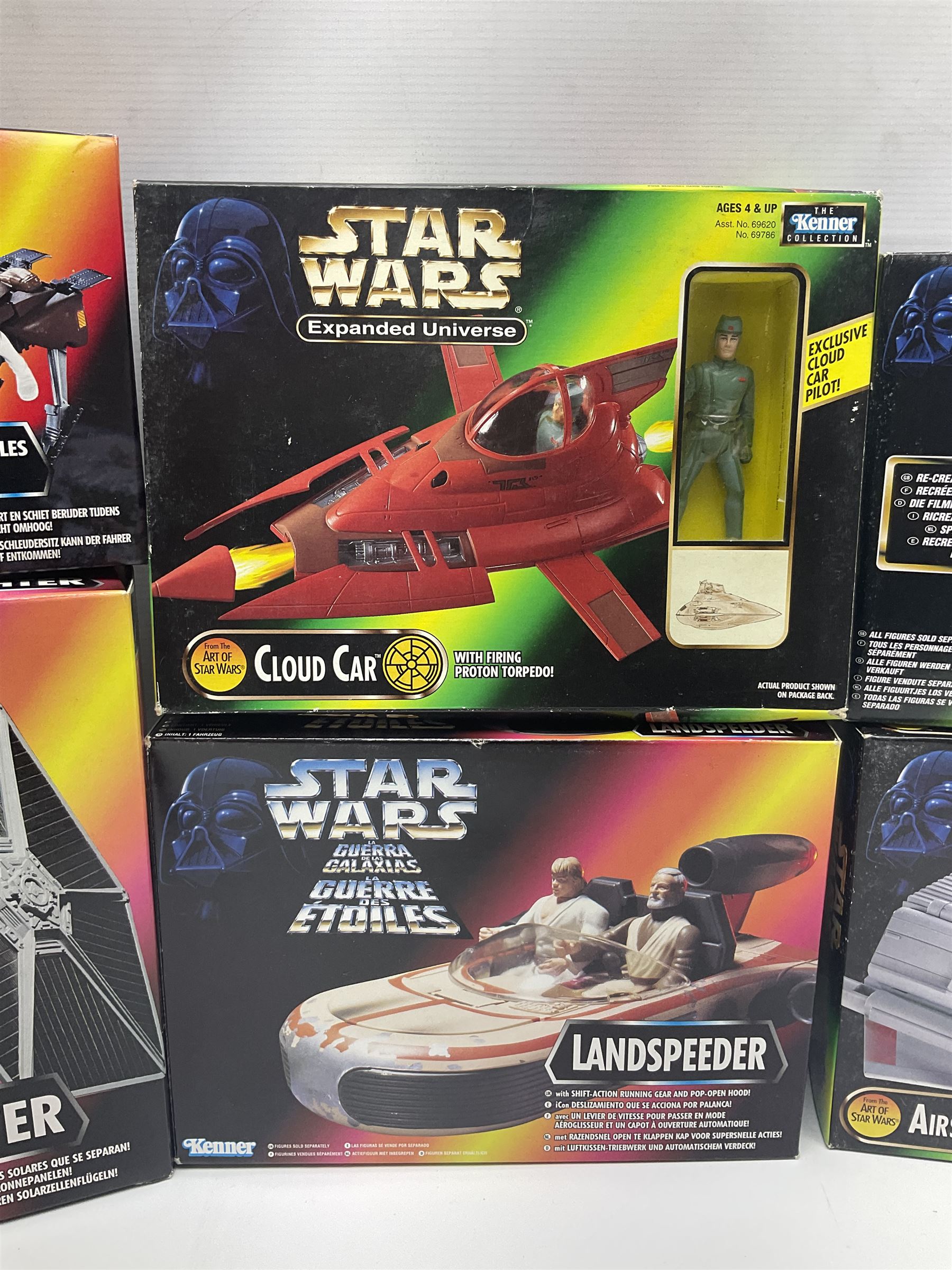 Star Wars - La Guerra De Las Galaxias La Guerre Des Etoiles/Shadows of the Empire - TIE Fighter; Cloud Car; Airspeeder; Landspeeder; Death Star Escape; Detention Block Rescue; Imperial Speeder Bike; Boba Fett IG-88; and Crowd Control Stormtrooper; all boxed/carded (9)