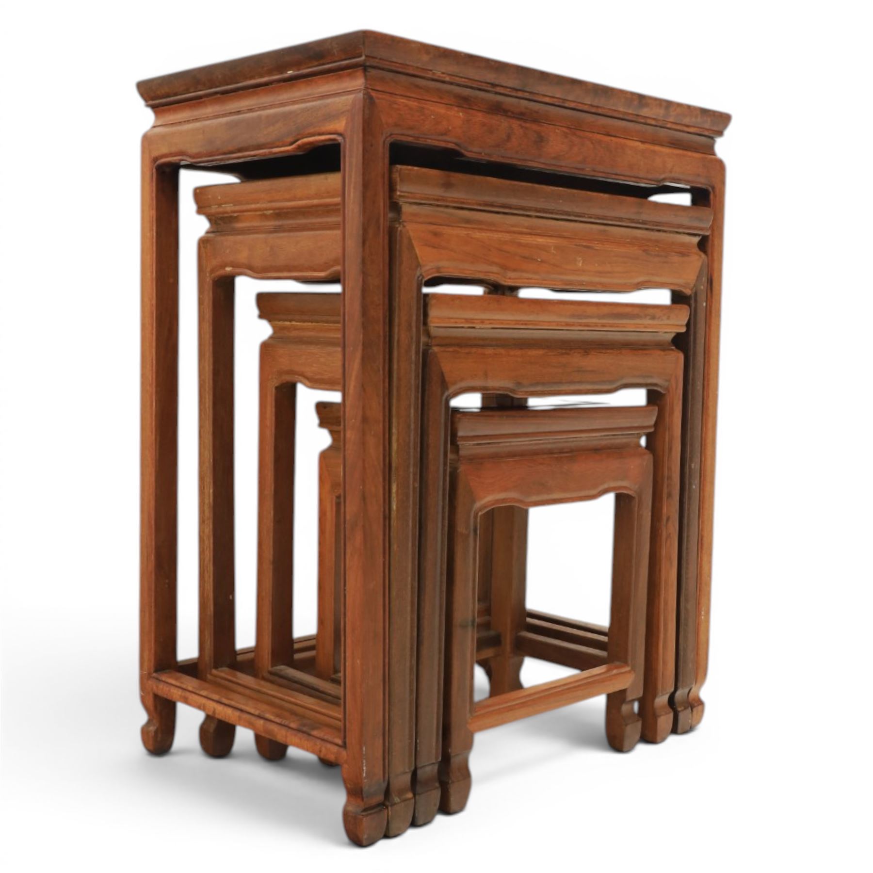 Chinese hardwood quartetto nest of tables, moulded rectangular top, square tapering legs terminating in spade feet