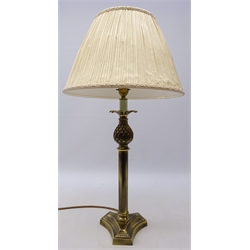  Gilt metal corinthium column table lamp with Pineapple moulded finial, with pleated shade, H67cm   