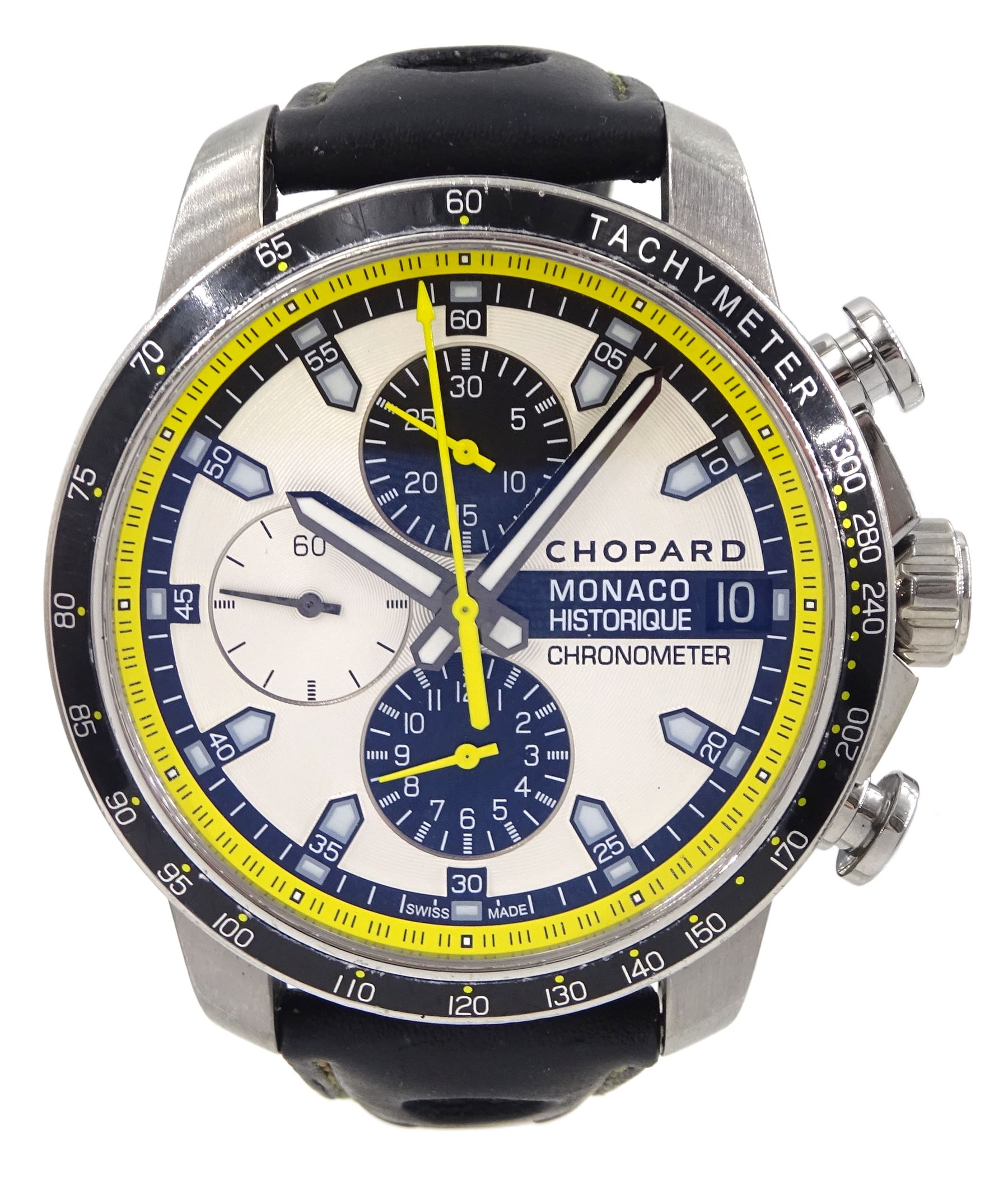 Chopard Grand Prix de Monaco Historique gentleman's stainless steel and titanium automatic chronograph wristwatch, Ref. 8570, on original black leather strap, with fold-over clasp, boxed with original receipt dated 2014 and service receipt dated 2022