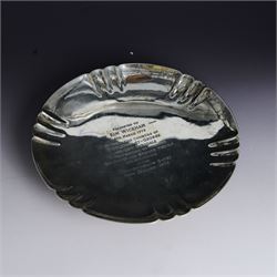 1930s silver presentation dish, of circular form with pleated rim, with later presentation...