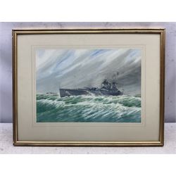 G James (British 20th Century): Warship at Sea, watercolour signed and dated 1937, 26cm x 38cm 