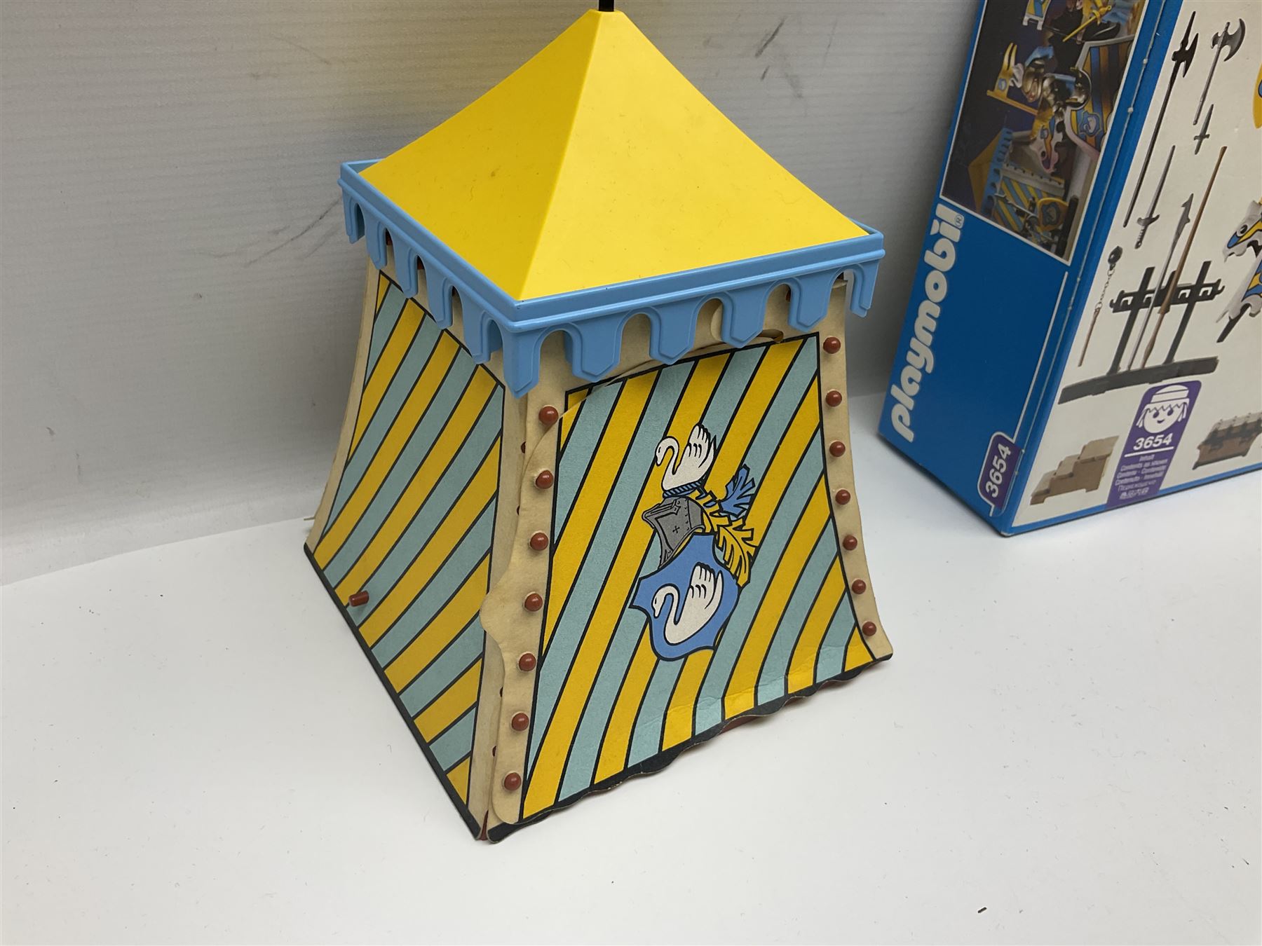 Collection of 1980s/90s Playmobil - vehicles including Fire-Engine No.21, Mobil Crane No.28, Quick Service Truck No.1 with trailer, Dumper Truck, GSL Sports car, GS Turbo car and three motorcycles; together with boxed Knights Tournament Set, Playmospace Space Station and Shuttle, wigwam and various accessories and figures etc