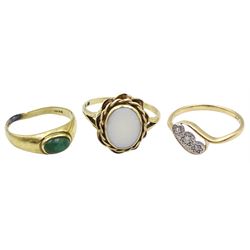 Gold three stone diamond chip ring, stamped 9ct PT, gold opal ring hallmarked 9ct and an 18ct gold green stone se ring, stamped 750