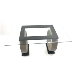  Oka glass top dining table, sculptured circular mango wood supports on plinth base, W150cm, H78cm, D92cm  