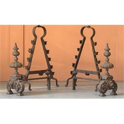 Pair of Dutch cast iron fire dogs with lion mask motif (H42cm) together with a 19th century wrought iron spit rack (H60cm)  - COLLECTION BY APPOINTMENT FROM: The White House, Thirsk Road, Easingwold, York, YO61 3NF - CALL 01723 507111 TO ARRANGE