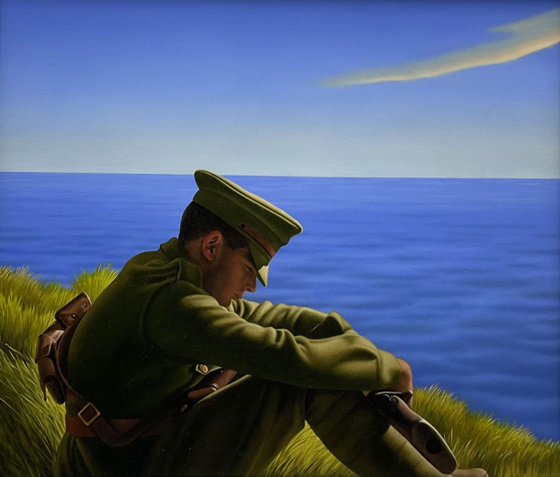 Ross Watson (Australian 1962-): Soldier's Contemplation on the Cliff Top, acrylic on board signed 44cm x 51cm