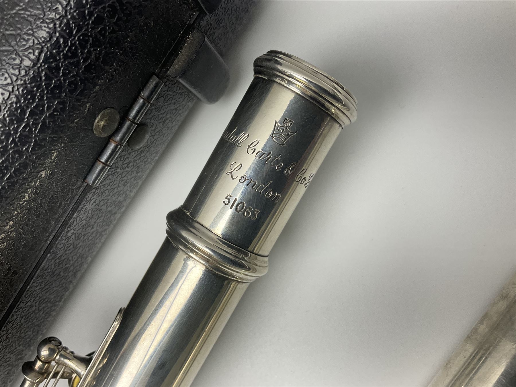 Rudall Carte & Co Ltd hallmarked silver three-piece flute; inscribed Rudall Carte & Co Ltd London No.51063; London 1986; in case marked Buffet Crampon Paris