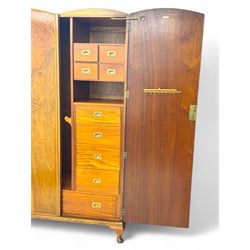 Ashton Leach & Cumberbirch Ltd., Rochdale - early 20th century walnut and mahogany gentleman's wardrobe, arched moulded top with book-matched figured walnut veneers, double doors enclosing fitted interior with hanging rail, tie rack and drawers, raised on cabriole supports