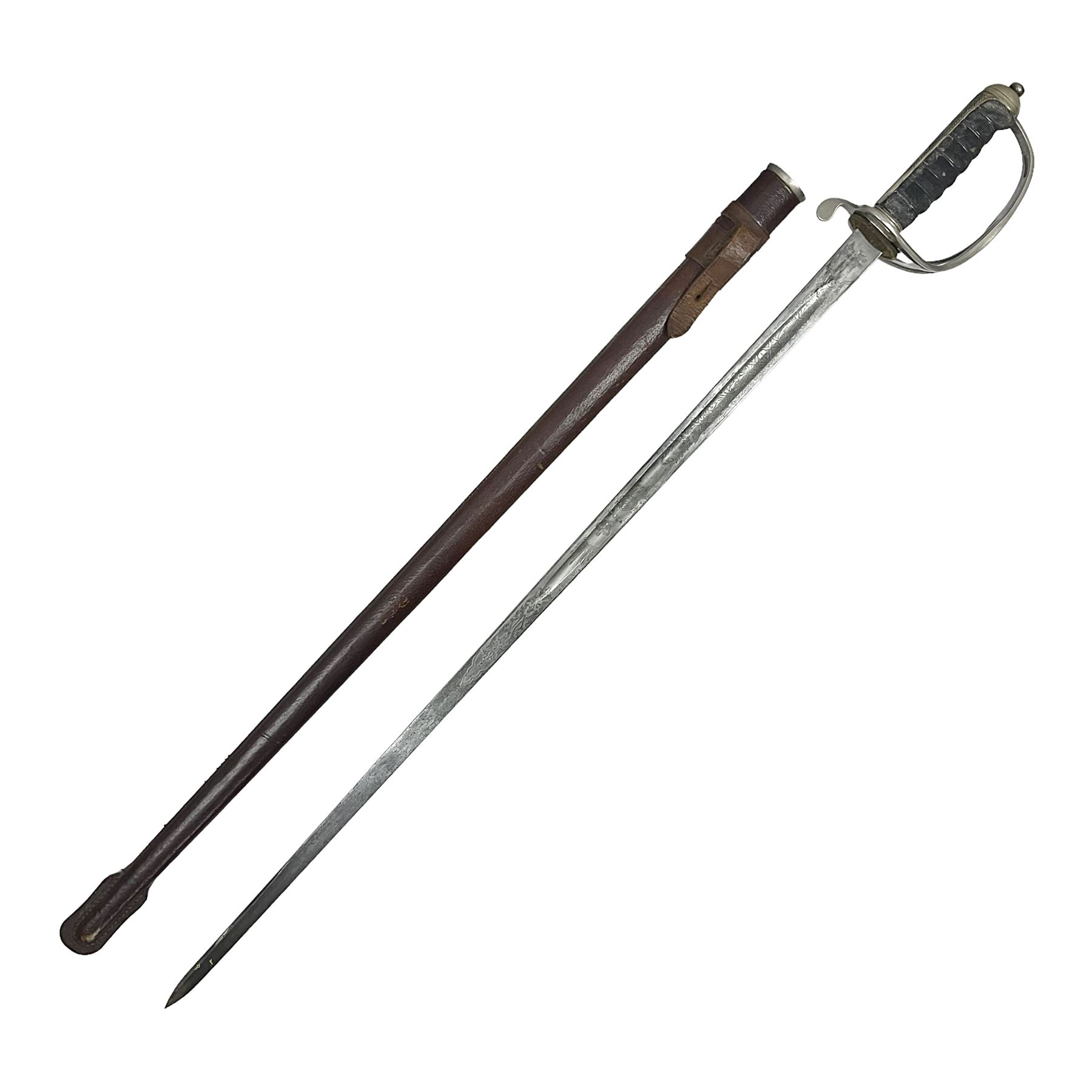 WWI 1821 pattern Royal Artillery officer's sword, the 82.5cm decorative blade by Hawksworth Sheffield etched with GVR cypher and crown, 'Royal Artillery' and field gun between scrolling foliate panels; three-bar hilt with wire-bound fish skin grip and chequered backstrap; in leather covered scabbard L99cm overall