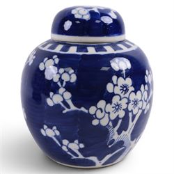 20th century Chinese blue and white porcelain prunus blossom ginger jar with cover with stand, together with another similar 