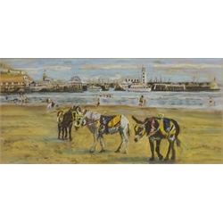  Donkeys on Scarborough Beach, 20th century pastel signed D A Cannon 19cm x 39cm and Bird on a Post, 20th century watercolour signed P. Holdstock 49cm x 33cm (2)  