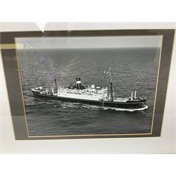 Set of twelve monochrome photographs of mid-20th century merchant vessels comprising general cargo ships, cargo liners, RMMV passenger cargo liners and hospital ship including Rowallan Castle, Drakensberg Castle, Stirling Castle, Capetown Castle, Pachumba, Tilapa etc; average size 18 x 24cm; uniformly mounted in black frames (12)