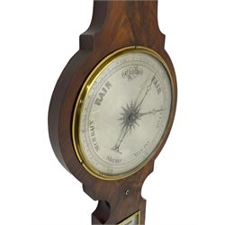 D Luvate of Preston - early Victorian mahogany mercury wheel barometer c1840, with a swan’s neck pediment and cavetto moulded square base, 8-inch silvered register calibrated in inches with a decorative star engraved centre, cast brass bezel and convex glass, with a steel indicating hand and brass recording hand, beneath a bowfronted Fahrenheit scale thermometer and hygrometer, rectangular spirit level signed D LUVATE, PRESTON.
Lacking recording hand button.
H109
Dominic Luvate is recorded as working as a barometer and looking glass maker in Friargate, Preston 1820-45

