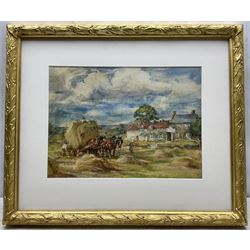 Rowland Henry Hill (Staithes Group 1873-1952): Harvesting at Ellerby, watercolour signed and dated 1927, 27cm x 37cm 
Provenance: with T B & R Jordan Fine Art Specialists, Stockton on Tees, label verso; David Duggleby Ltd 8th December 2017 Lot 115