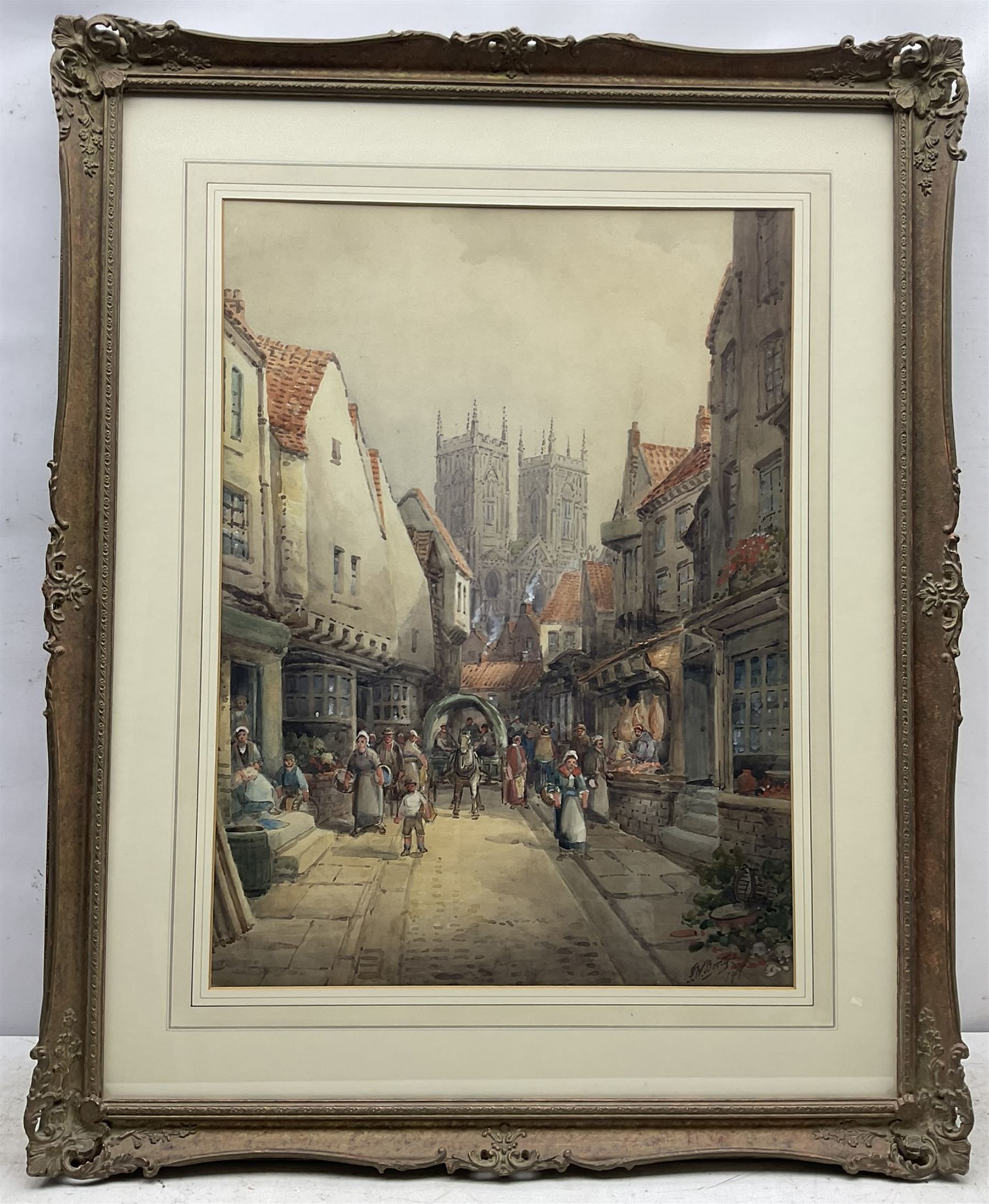 Frederick William Booty (British 1840-1924): Stonegate looking towards York Minster, watercolour signed and dated 1919, 60cm x 44cm 
Provenance: private collection, purchased H C Chapman & Son Scarborough 11th June 1991 Lot 334