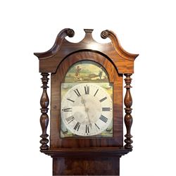 Late 19th century 30 hour Yorkshire mahogany longcase clock, with a swans necked pediment and break arch hood door flanked by two ring turned pilasters, trunk with a short door with a bone escutcheon on a wide plinth with a recessed panel, painted dial with a depiction of a sportsman to the arch and game birds to the spandrels, Roman numerals, minute markers and brass hands, chain driven countwheel striking movement. With weight and pendulum.