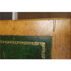  Late 19th century oak twin pedestal desk, nine drawers, green inset leather top, W123cm, H73cm, D66cm  