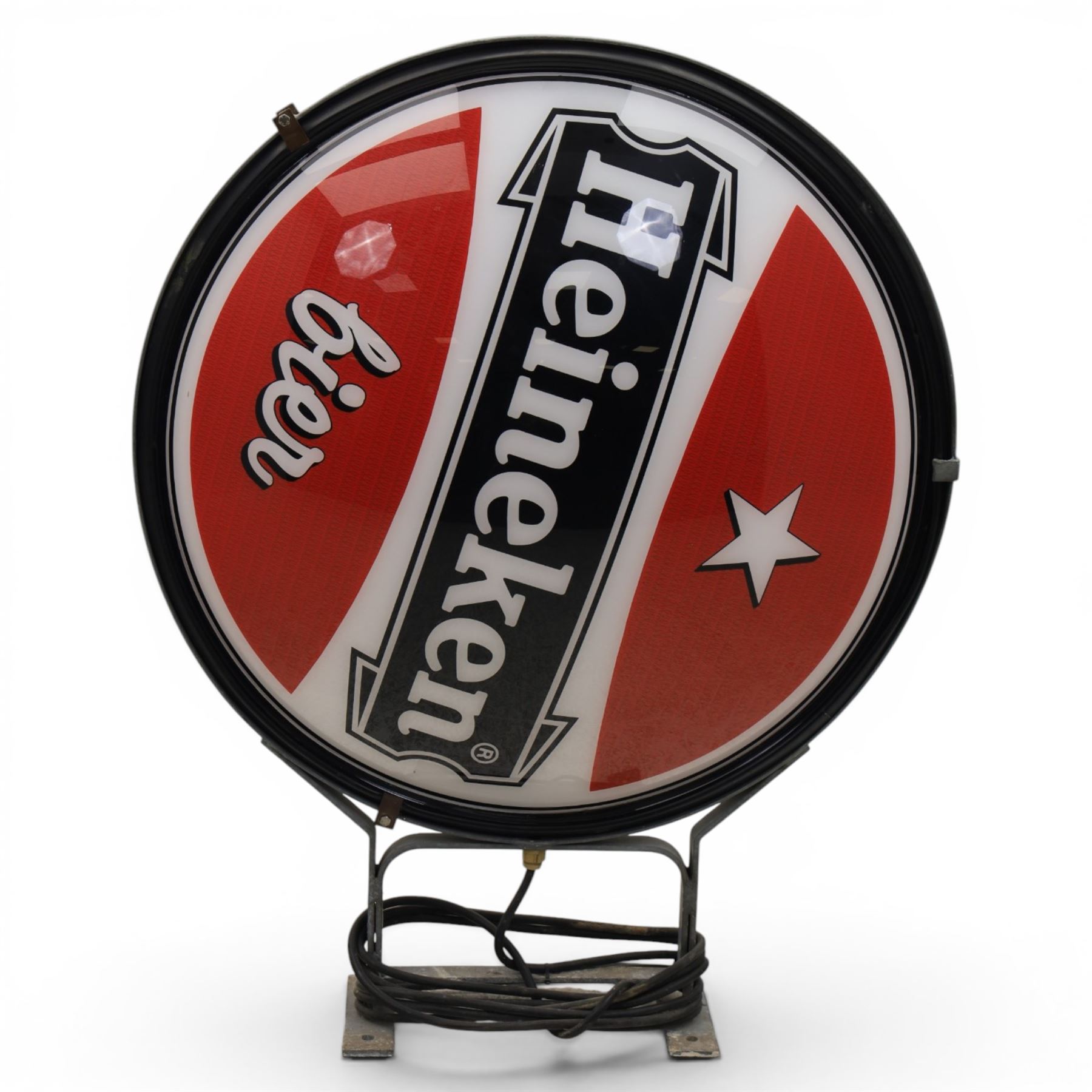 Heineken Bier Advertising sign - circular convex backlit logo, on cast metal bracket