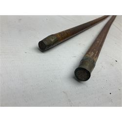 George V 1897 pattern Army Officer's sword by Henry Wilkinson Pall Mall London, the 82.5cm 'London Made' blade etched to both sides with Royal Crests and cyphers etc, pierced half-basket hilt with wire-bound fish skin grip and remains of leather knot strap; in leather covered field service scabbard L101cm overall; and two 14th Prince of Wales Own swagger sticks (3)