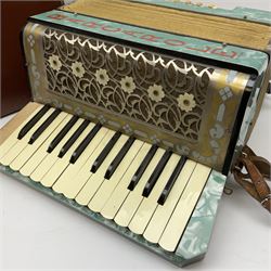 Barcarole piano accordion with blue pearline finish, fifteen keys and twelve buttons W32cm; in carrying case