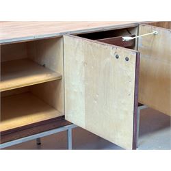 Large Italian teak veneered sideboard, circa 1960's, fitted with five drawers enclosing a birds eye maple lined interior fitted with shelves, raised on a chrome plated box section base. Water damage to doors and sides. H80cm, L245cm, D48cm  - COLLECTION BY APPOINTMENT FROM: The White House, Thirsk Road, Easingwold, York, YO61 3NF - CALL 01723 507111 TO ARRANGE