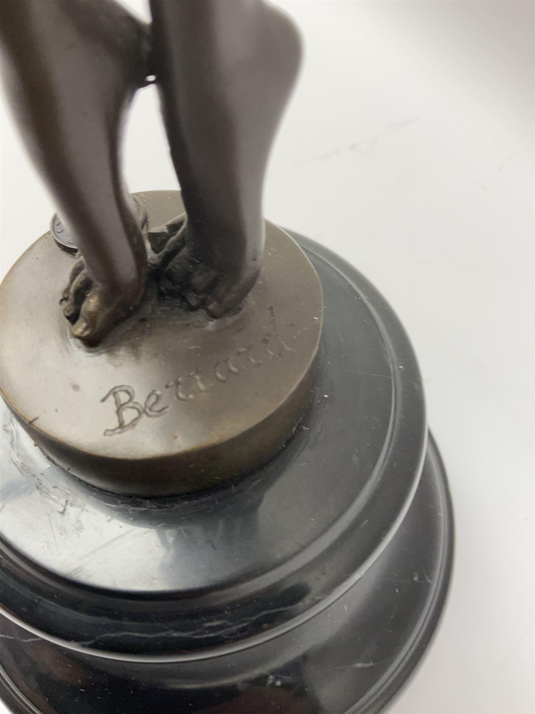 Art Deco style bronze figure of a dancer, after 'Berrard', raised upon a circular base, with foundry mark, H49cm