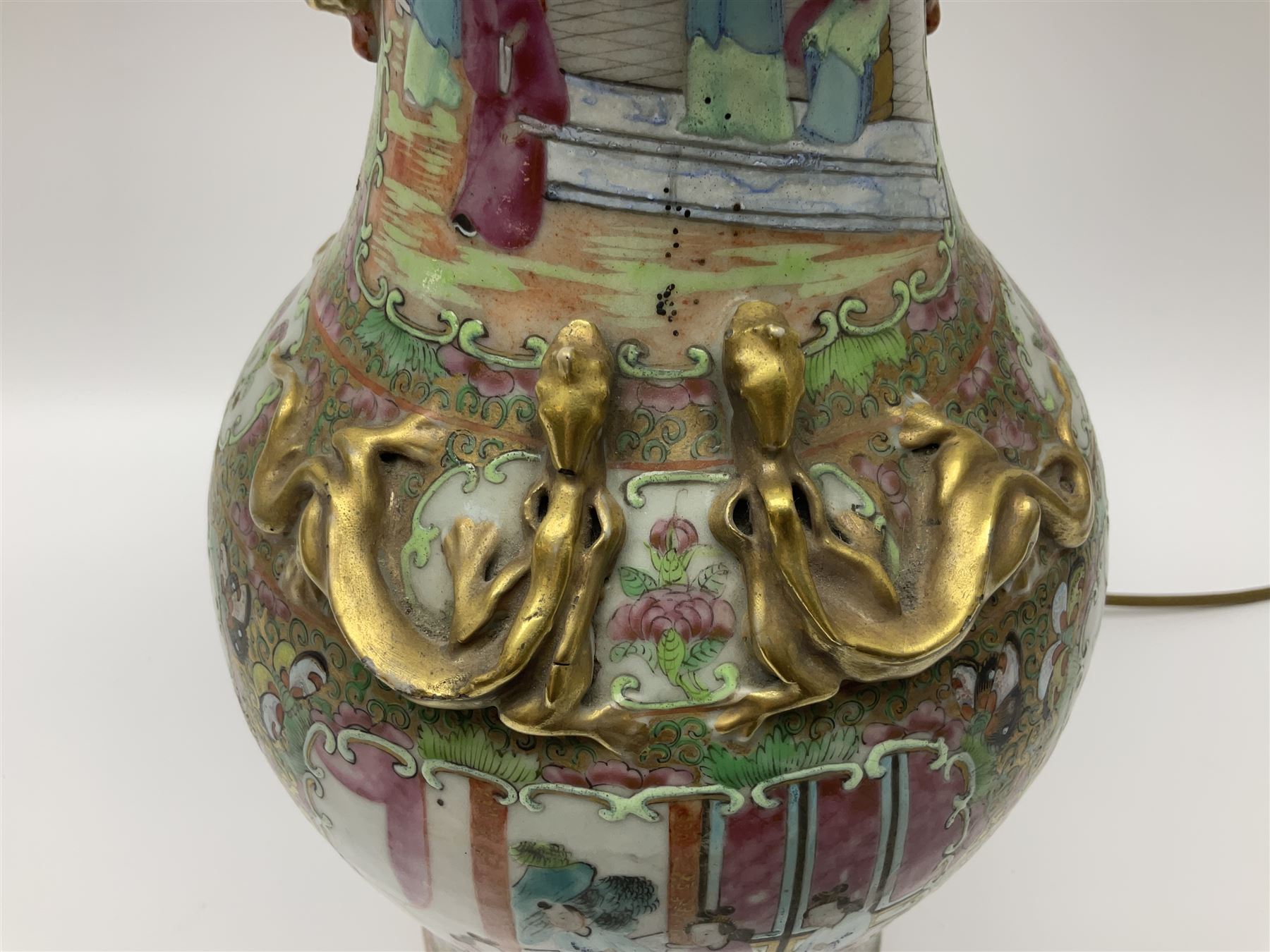 19th century Chinese Canton Famille Rose vase, decorated with figural panels against floral and foliate scroll ground, converted to a lamp, H46cm