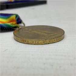 WWI pair of medals comprising British War Medal and Victory Medal awarded to 12-1379 Pte. H. Marshall York and Lanc. R.; both with ribbons in display case; and WWII 1939-1945 Star