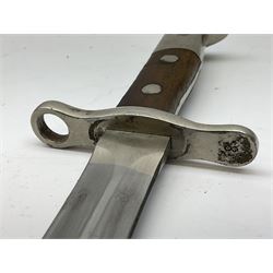 British Enfield 1907 model SMLE bayonet, with 43cm fullered steel blade and metal mounted leather scabbard L58cm overall; and Schmidt-Rubin Model 1918 bayonet the 30cm steel blade marked Elsener Schwyz No.579722; in steel scabbard with leather frog marked G. Bertolini Sellaio Vira/G.Tic 79 L45cm overall (2)