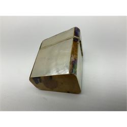 19th century mother of pearl and abalone needle packet box of wedge form, with compartmented interior, H5cm, together with a mother of pearl thimble box of similar form, H3cm, a mother of pearl Palais Royal style needle case of flat rectangular form with vacant silver cartouche, H9cm, and a mother of pearl page marker with vacant silver cartouche, H8cm, (4) 