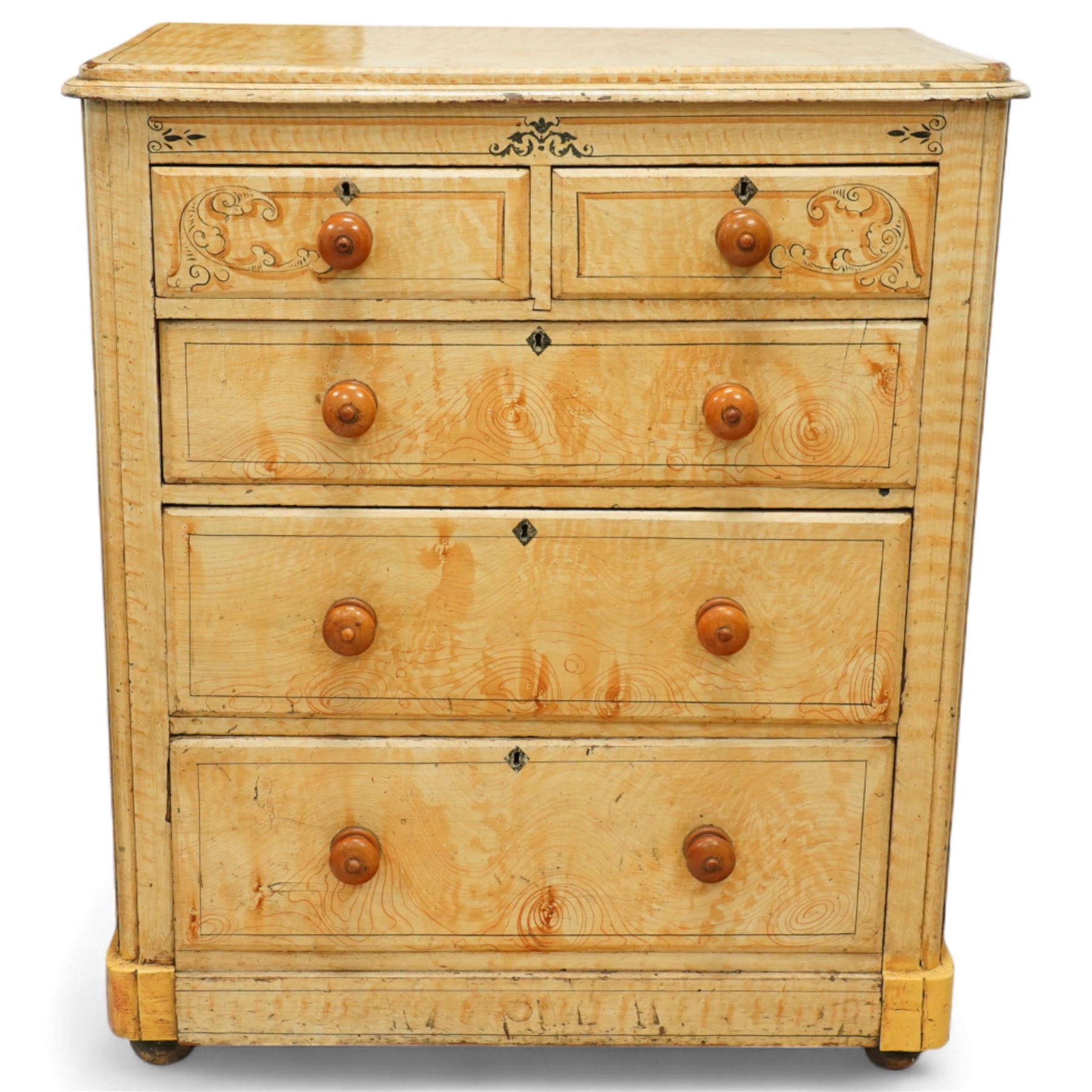 19th century pine painted chest of drawers, rectangular moulded top above two short and three graduated long drawers, each with painted foliate scroll and line detailing, turned knobs, and concealed turned feet, the sides with rounded corners and ebonised detail