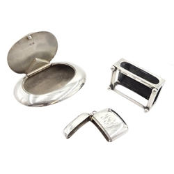 Silver oval shaped snuff box by Henry Williamson Ltd, Birmingham 1919, silver matchbox holder by Horace Woodward & Co Ltd, Birmingham 1907 and silver vesta case hallmarked, approx 4.4oz 