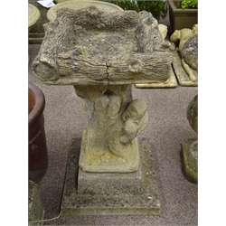  Composite stone log effect bird bath on owl cast square pedestal, H79cm, W39cm   